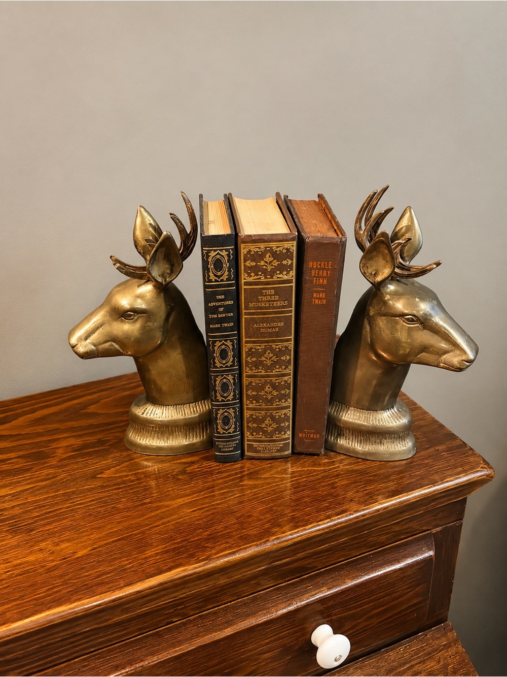 Brass Stag Deer Bookends - Antique Style Gold Tone